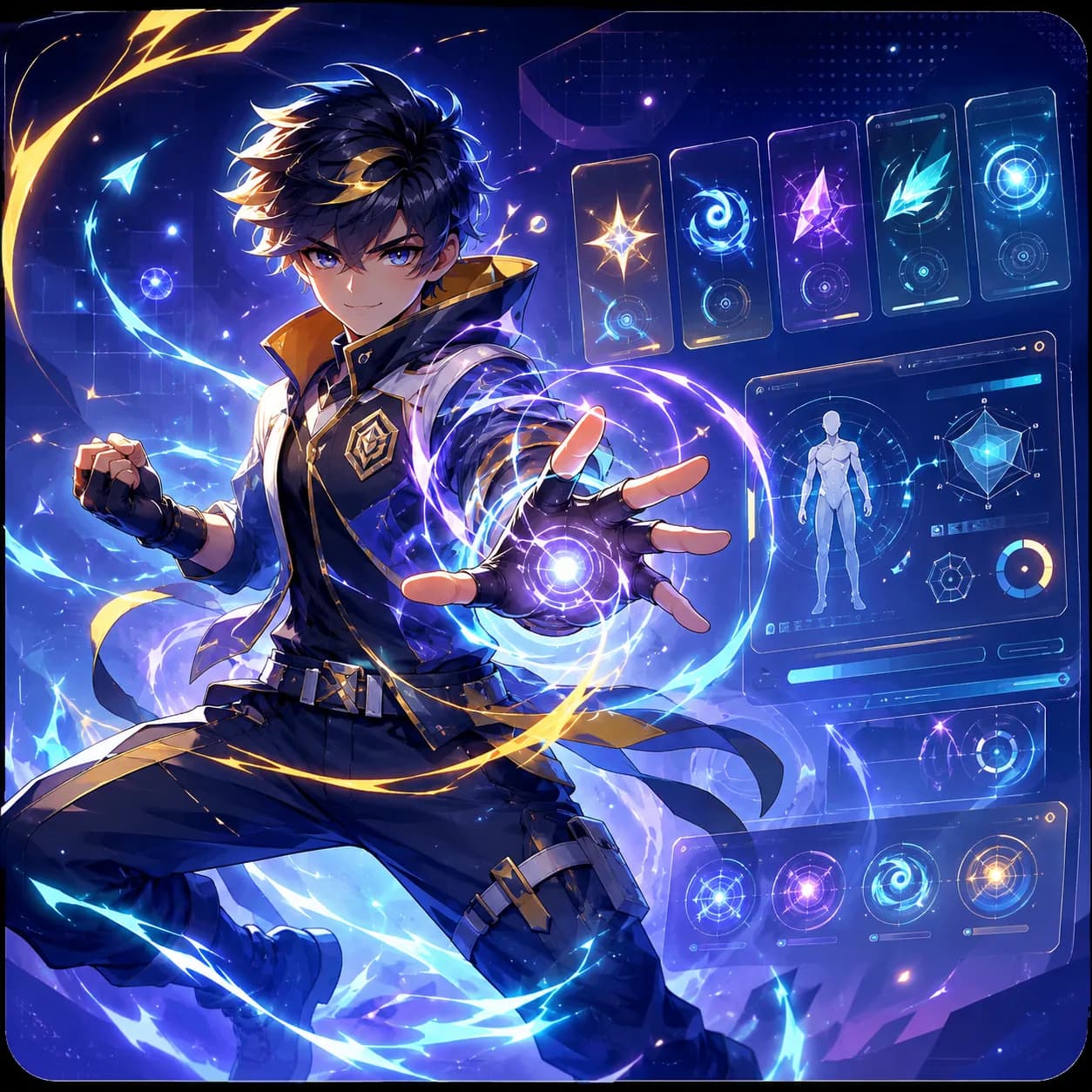 Original anime-inspired hero student with an energy-based quirk effect standing in a dynamic training pose beside floating power symbols and a quirk profile interface.